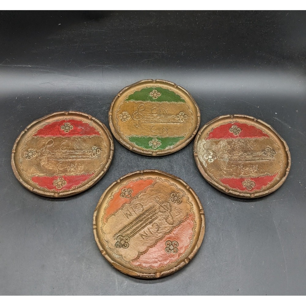 Vintage Cin Cin Music Treble Clef Florentine Coasters Set of 4 Gold Enamel 4.75"